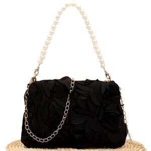 Black Flower Rosette Pouch Clutch Evening Bag Formal Chain & Pearl Handle Purse